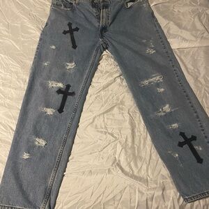Men's Blue Distressed Jeans with Cross Design